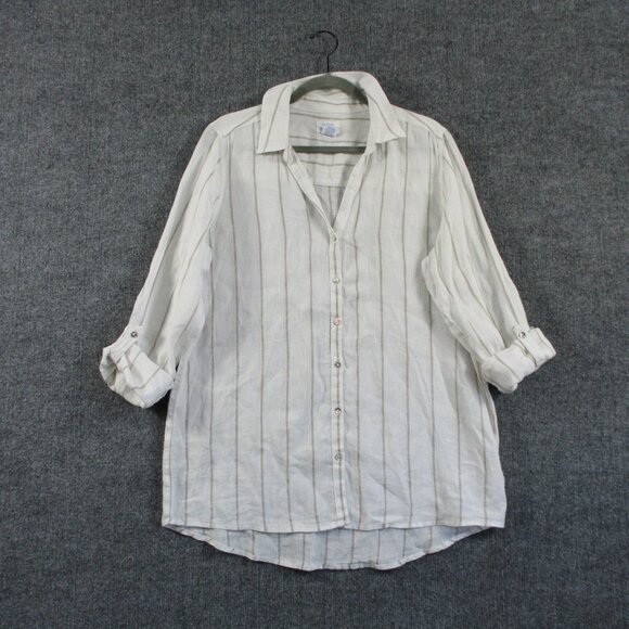 Sigrid Olsen Shirt Women L White Linen Roll Tab Button Down Casual Costal Preppy - Picture 2 of 13